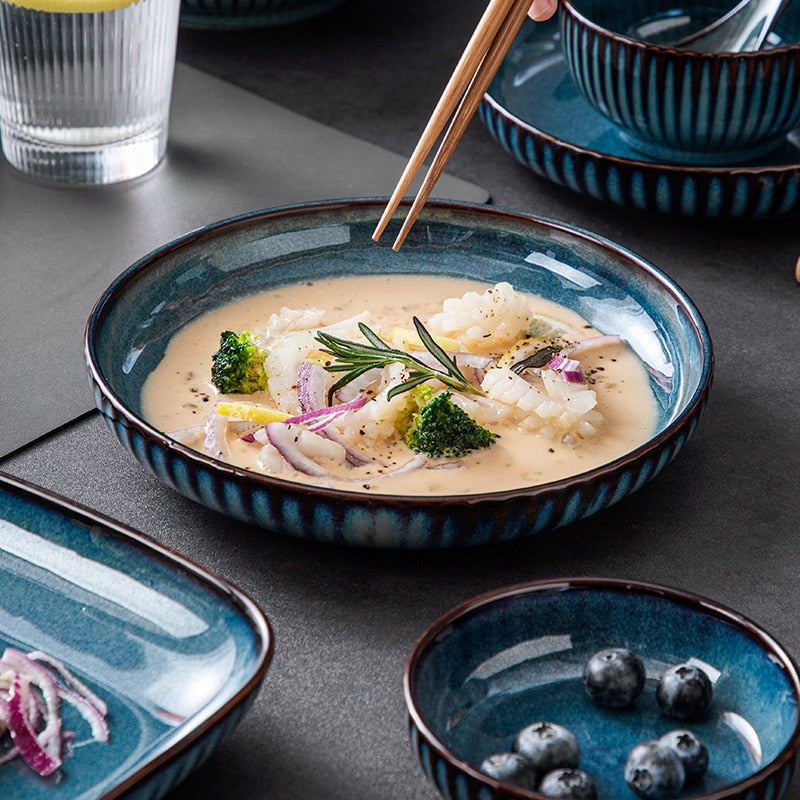 Blue Tableware Set Kiln Glazed Ceramic Rice Salad Round Dish Dinner Plate Fish Plate Dinnerware