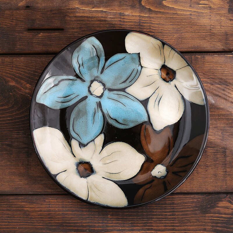 Kiln Glaze Hand-painted Flowers Ceramic Plates. Decorative Tableware Plate