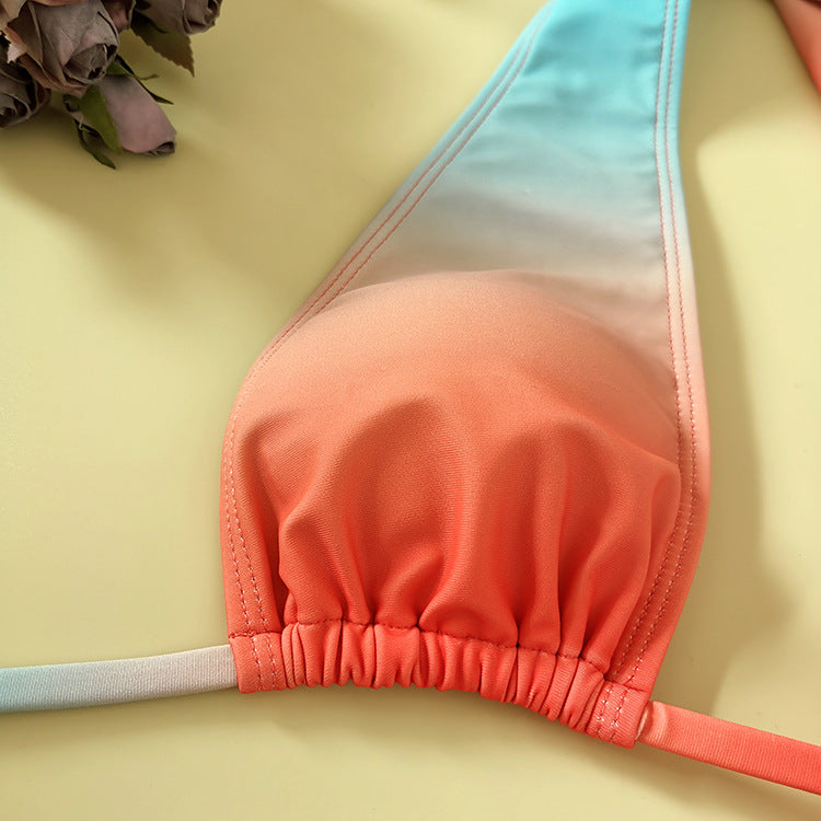 Women's Sports Swimsuit with Chest Pad and Polyester Fabric. Color Gradient Three-Piece Bikini